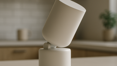 Matte-white screenless cylindrical smart speaker with a tilted mechanical neck on a minimalist kitchen countertop in soft ambient light