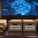 Editorial illustration of a federal courtroom evidence table with folders labeled training data, output logs and discovery, with an abstract AI interface in the background.