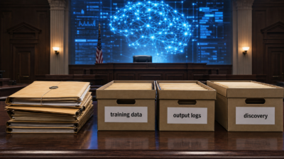 Editorial illustration of a federal courtroom evidence table with folders labeled training data, output logs and discovery, with an abstract AI interface in the background.
