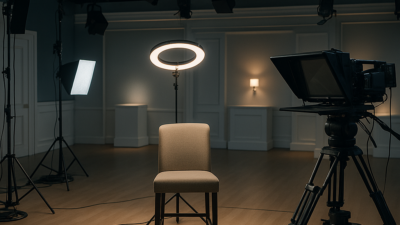 An empty host chair sits under bright ring lights on a QVC broadcast studio floor, facing a camera and teleprompter between takes.
