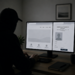 A businessman sits at a desk in a sparse home office, typing at a computer showing a blank website beside a headshot-generator form.