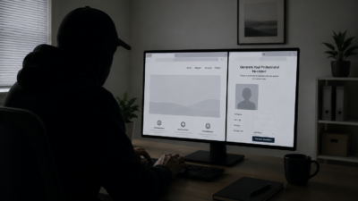 A businessman sits at a desk in a sparse home office, typing at a computer showing a blank website beside a headshot-generator form.