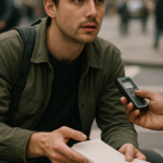 A young reporter crouches with a notebook and audio recorder to interview a source on a busy city street corner, camera bag and drone case slung over their shoulder.