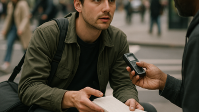 A young reporter crouches with a notebook and audio recorder to interview a source on a busy city street corner, camera bag and drone case slung over their shoulder.