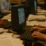 Journalists work at terminals in an AP wire room, with stacks of printed dispatches and a licensing agreement document on a desk under warm tungsten light.
