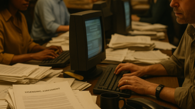 Journalists work at terminals in an AP wire room, with stacks of printed dispatches and a licensing agreement document on a desk under warm tungsten light.