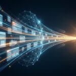 Glowing web pages flowing through an abstract AI network toward a bright point of light