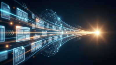 Glowing web pages flowing through an abstract AI network toward a bright point of light