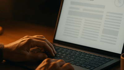 Hands hovering over a laptop keyboard showing a newsletter article with a percentage score overlay, lit by a warm desk lamp