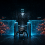 A glowing cyan security gate blocks wireframe crawler-bots at a server entrance while one bot marked 'licensed' passes through a lit turnstile.