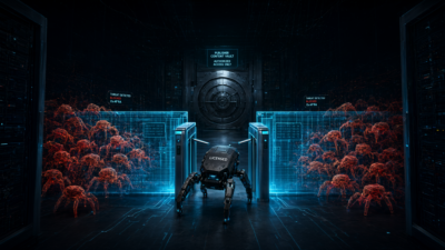 A glowing cyan security gate blocks wireframe crawler-bots at a server entrance while one bot marked 'licensed' passes through a lit turnstile.