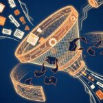 Editorial illustration of a stylized digital sieve filtering content symbols, some passing through cleanly and others caught in the mesh, representing AI content filtering on publishing platforms.