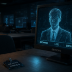 An empty rows of newsroom desks with chairs pushed in, each monitor glowing with a faint cyan wireframe outline of an anchor or ticker.