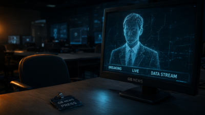 An empty rows of newsroom desks with chairs pushed in, each monitor glowing with a faint cyan wireframe outline of an anchor or ticker.