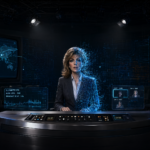 A retro-styled AI news anchor avatar's face resolves from glowing wireframe into photoreal skin under studio light, with an ember-orange 'AI-GENERATED' graphic in the corner.