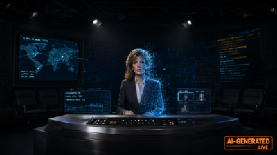 A retro-styled AI news anchor avatar's face resolves from glowing wireframe into photoreal skin under studio light, with an ember-orange 'AI-GENERATED' graphic in the corner.