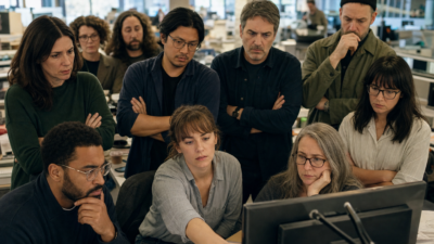 Newsroom journalists gather at desks reviewing documents and screens in a busy editorial office under natural light.