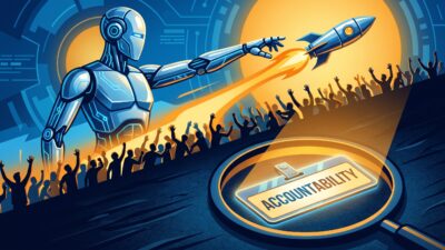 Editorial illustration of a robot launching a rocket while a crowd protests below, with a magnifying glass spotlighting a glowing accountability badge.