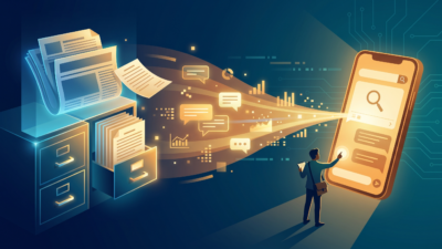 Editorial illustration of a glowing newspaper archive and filing cabinet streaming into a smartphone chat interface, symbolizing a media archive becoming a queryable product.