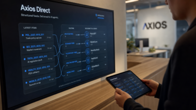 A newsroom display wall streams structured data labeled 'Axios Direct' to abstract agent icons while an editor reviews the feed design on a tablet.
