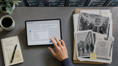 A journalist's hand hovers over a tablet displaying a chat-style AI assistant interface next to stacked archive photos and articles, with server racks glowing in the background.