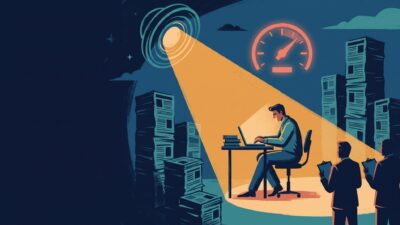 Illustration of a reporter at a desk lit by an AI searchlight while two figures with clipboards watch and a gauge glows overhead