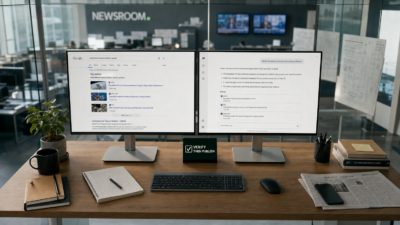 An editor at a standing desk compares a search-results screen and a chat-style AI answer screen with citations in a blurred newsroom.