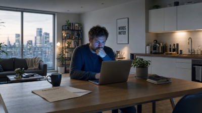 A man sits at a kitchen table at night, laptop screen glowing blue on his face, beside a redundancy letter and a coffee mug.