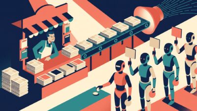 Illustration of a newsstand vendor watching robot buyers hold up blank price tags while a conveyor belt carries newspapers away