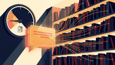 Illustration of an AI answer bubble drawing threads from shelves of books, beside a meter gauge
