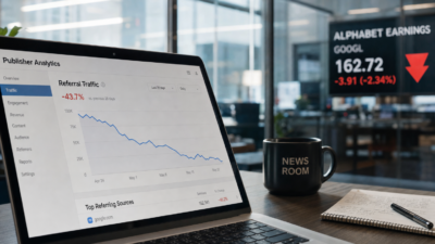 A laptop on a desk displays a publisher analytics dashboard with a sharply declining referral-traffic graph, beside a coffee mug and notebook, with a red downward stock ticker visible through glass walls in the background.