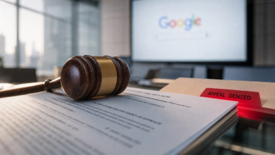 A gavel rests atop stacked legal documents on a glass conference table, with a muted TV showing a search engine logo in the background.