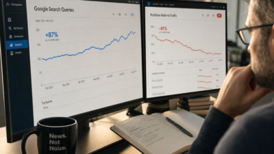 Editor at a standing desk compares a rising search-query trendline on one monitor with a declining publisher-referral traffic chart on another, notebook and coffee mug nearby.