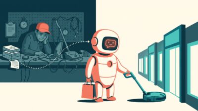 Illustration of an AI assistant robot shopping with a robot vacuum while a product reviewer sits left out at a test bench