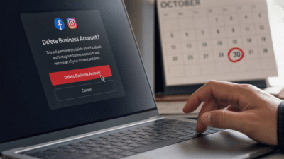 A hand hovers over a laptop trackpad with a cursor on a red 'Delete Business Account' confirmation dialog, a calendar circling 30 October blurred behind it.