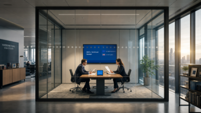 A lawyer and publishing executive review EU and UK regulator letters and a tablet showing an antitrust document in a glass-walled meeting room.