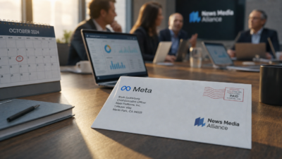 A letter addressed to Meta's CEO sits on a conference table as blurred figures discuss near laptops showing muted graphs, with a calendar marking an October date.