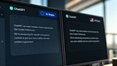Split-screen desk showing two monitors with ChatGPT interfaces, one marked with an EU flag and faint embedded text pattern, the other plain and unmarked for the US