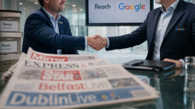 Two executives shake hands across a glass table with blurred newspaper mastheads and archive boxes in the foreground.