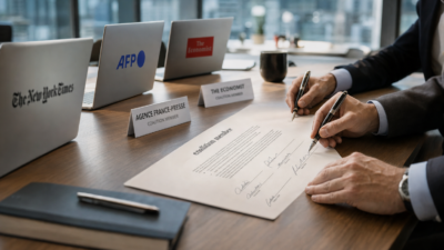 Executives sign a shared coalition document at a conference table lined with laptops showing NYT, AFP and The Economist logos and nameplates.